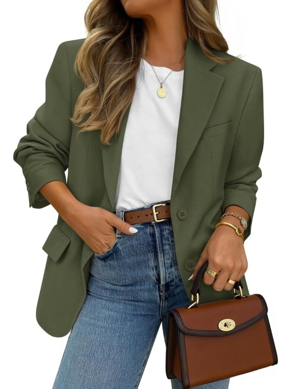 〽️Women's Green Business Casual Lapel Lightweight Soft Long Sleeve Front Blazer